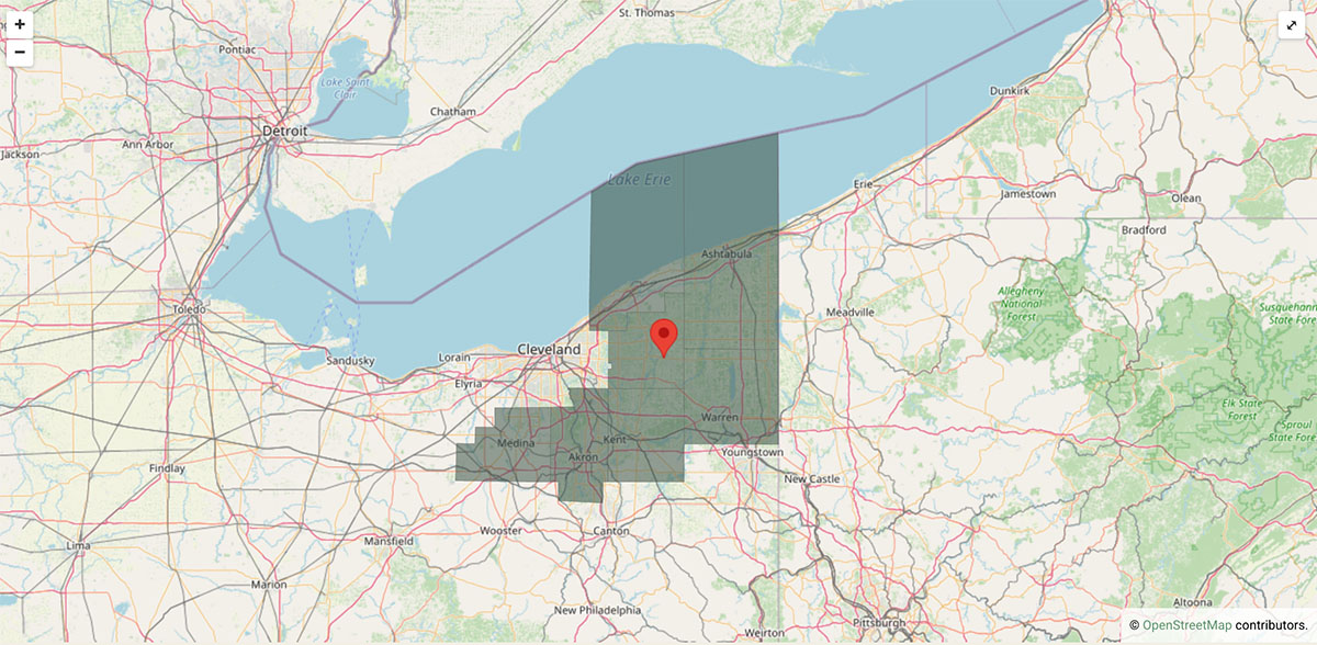Map highlighting Whispering Stream Construction’s service area across Northeast Ohio, including Summit, Medina, Portage, and Geauga Counties.