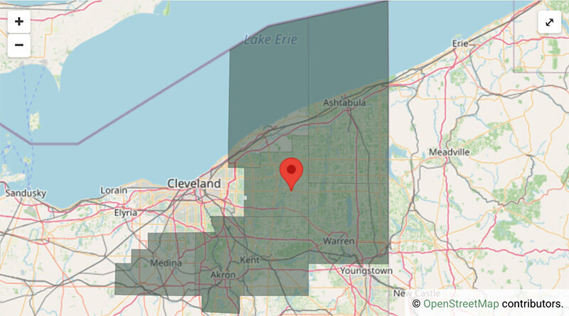 Map highlighting Whispering Stream Construction’s service area across Northeast Ohio, including Summit, Medina, Portage, and Geauga Counties.